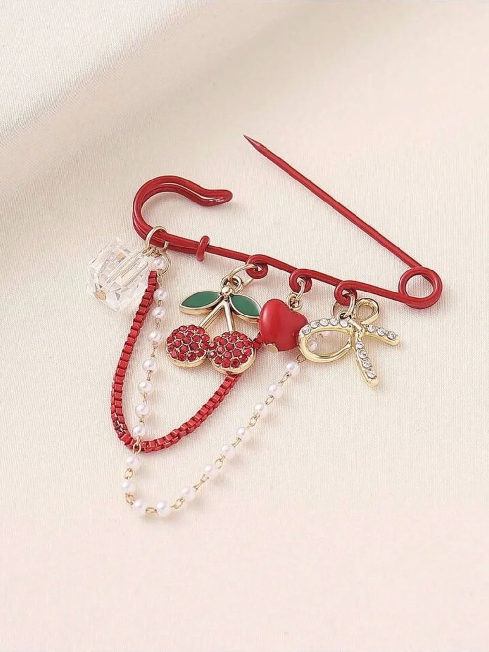 Multi Charm Red Safety Pearl Pin Brooch